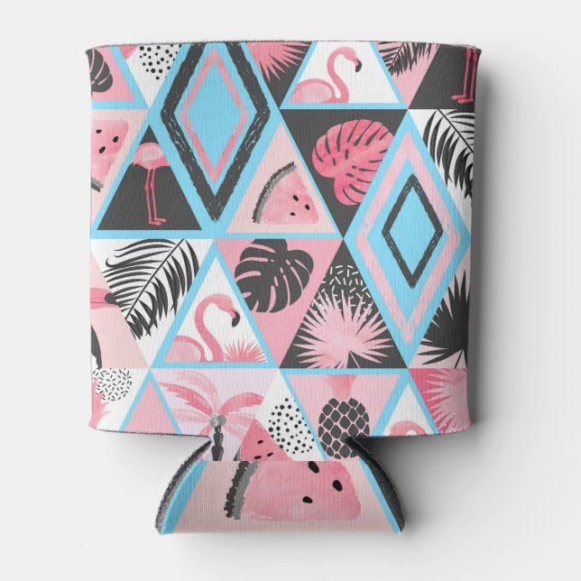Patchwork tropical flamingo, palm pattern. can cooler (Front)
