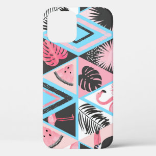 Patchwork tropical flamingo, palm pattern. iPhone 12 case