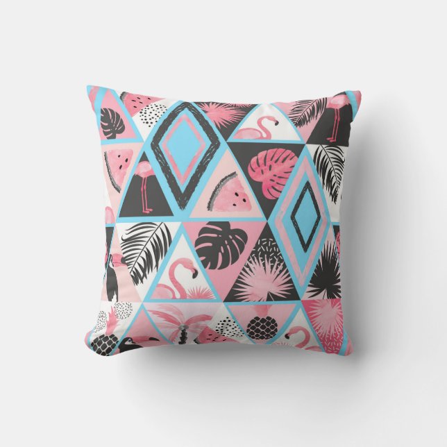 Patchwork tropical flamingo, palm pattern. cushion (Front)