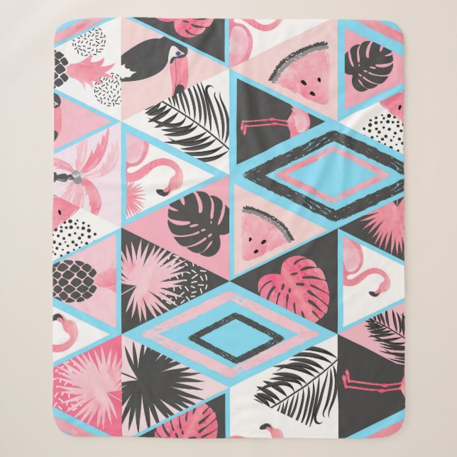 Patchwork tropical flamingo, palm pattern. sherpa blanket (Front)