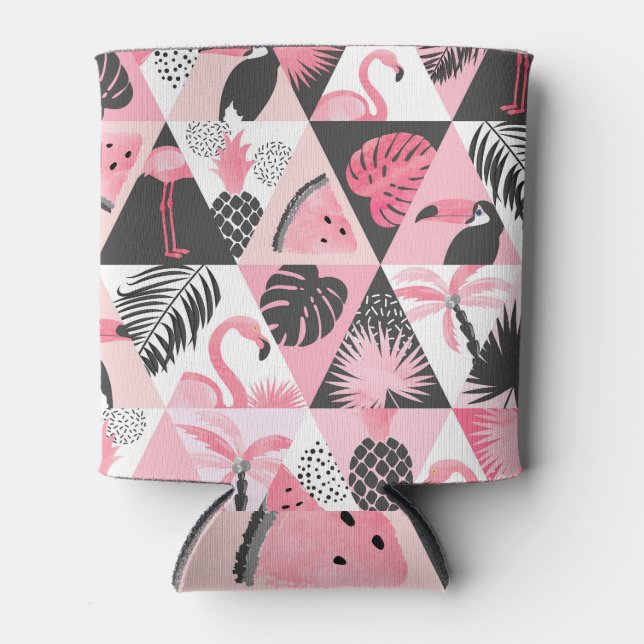 Patchwork Tropical: Flamingo Watermelon Seamless. Can Cooler (Front)