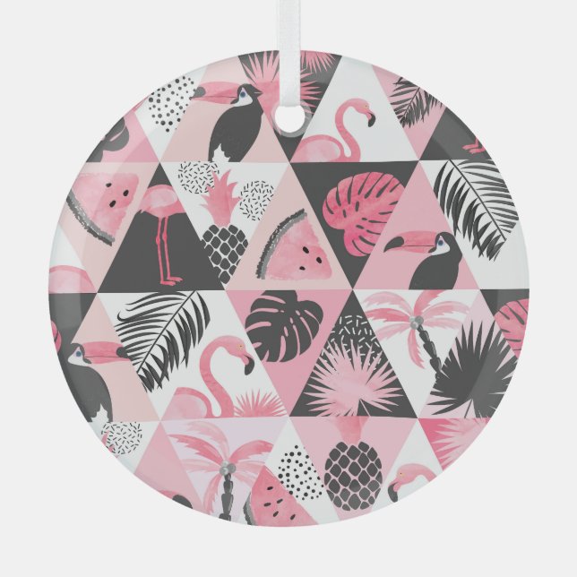 Patchwork Tropical: Flamingo Watermelon Seamless. Glass Tree Decoration (Front)