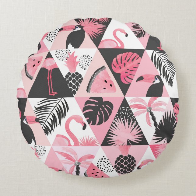 Patchwork Tropical: Flamingo Watermelon Seamless. Round Cushion (Front)