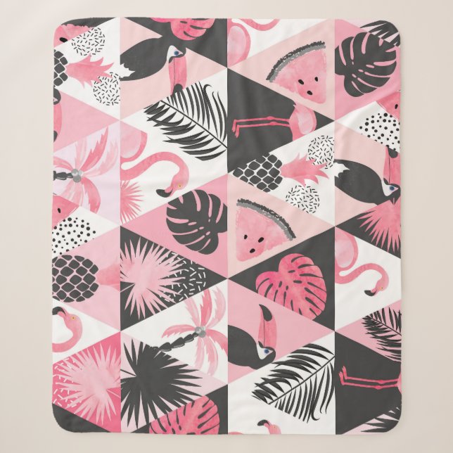 Patchwork Tropical: Flamingo Watermelon Seamless. Sherpa Blanket (Front)