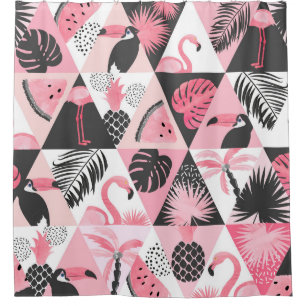 Patchwork Tropical: Flamingo Watermelon Seamless. Shower Curtain