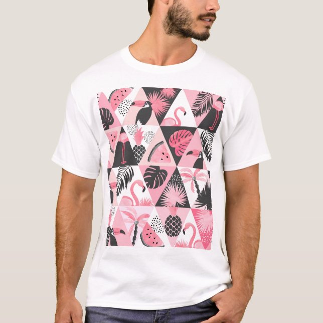 Patchwork Tropical: Flamingo Watermelon Seamless. T-Shirt (Front)