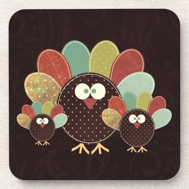 Patchwork Turkey Family of Three Thanksgiving Coaster (Front)
