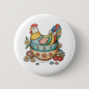 Patchwork Vintage Hen Quilted Chicken Thrifty 6 Cm Round Badge