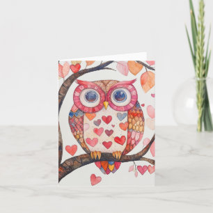 Patchwork Watercolor Owl Valentine Card