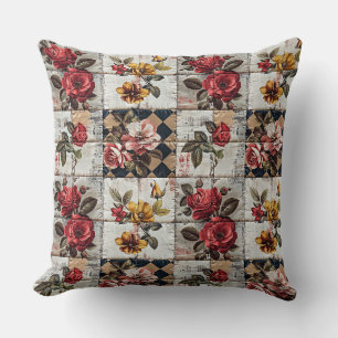 Patchwork watercolor roses, chequered, polka dots, cushion