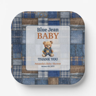 Patchwork Western Denim Bear Blue Jean Baby Shower Paper Plate