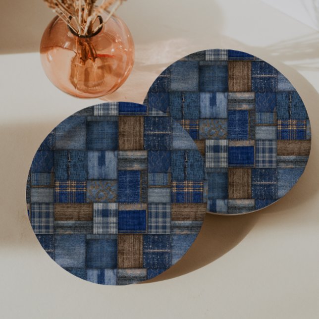 Patchwork Western Denim Bear Blue Jean Baby Shower Paper Plate (Creator Uploaded)