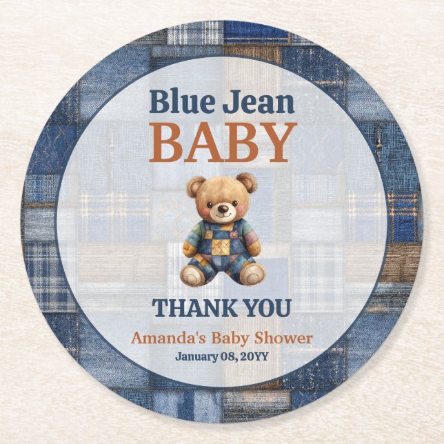 Patchwork Western Denim Bear Blue Jean Baby Shower Round Paper Coaster (Front)
