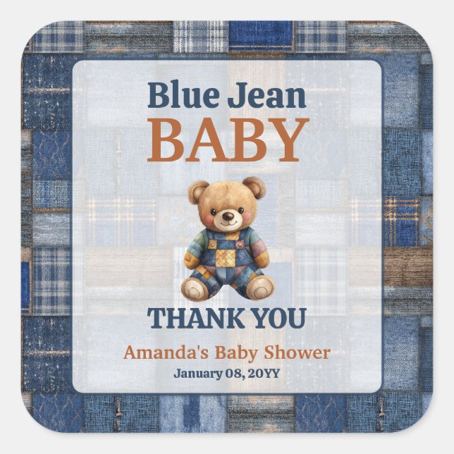 Patchwork Western Denim Bear Blue Jean Baby Shower Square Sticker (Front)