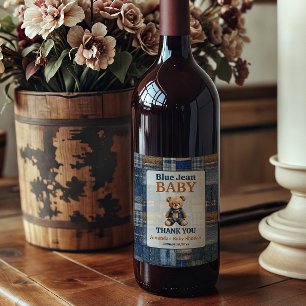 Patchwork Western Denim Bear Blue Jean Baby Shower Wine Label