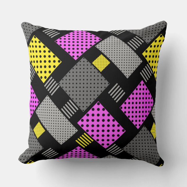 Patchwork with polka dots and stripes purple yello cushion (Front)