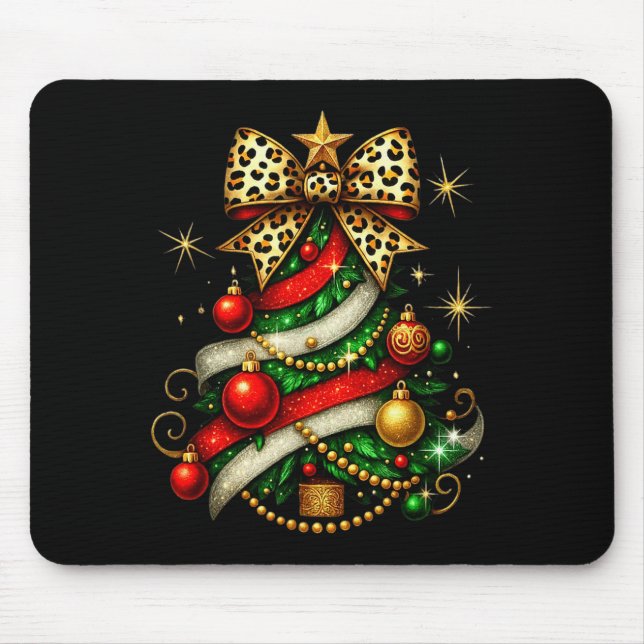 Patchwork Xmas Merry Christmas Tree Coquette Leopa Mouse Pad (Front)