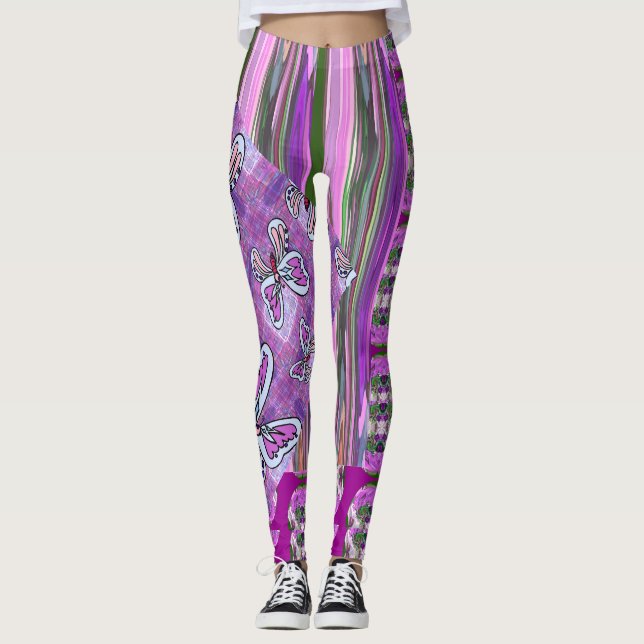 Patchy Stripes Pink Green Leggings (Front)