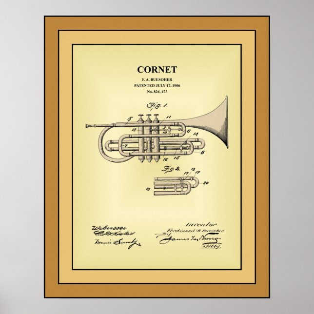 Patent Drawing ~ F. A. Buesoher ~ Cornet ~ Poster (Front)