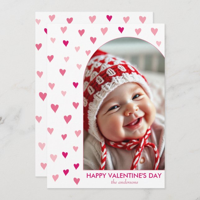 Patern of pink hearts, arch photo Valentine's Day Holiday Card (Front/Back)