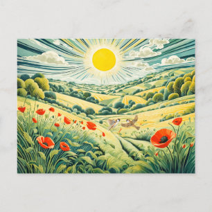 Path Through Poppy Field with Flying Sparrows Postcard
