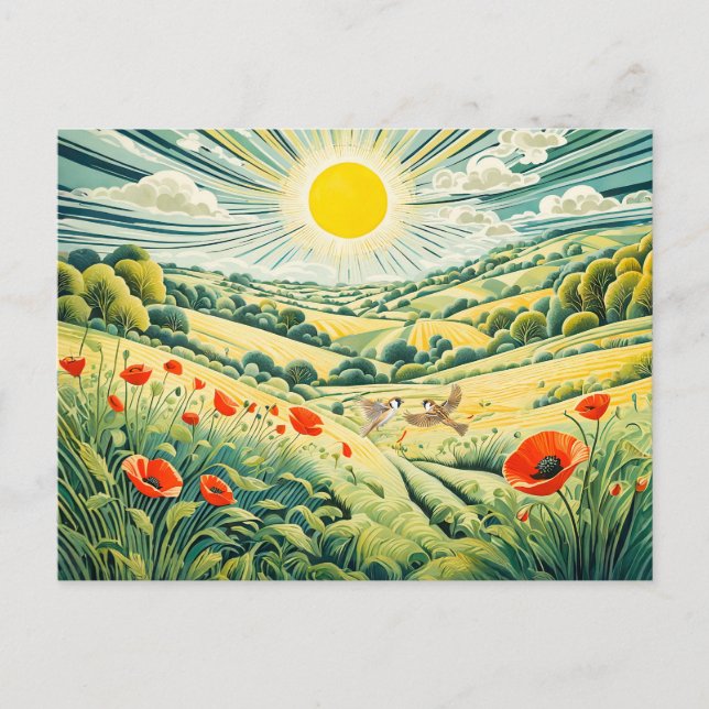 Path Through Poppy Field with Flying Sparrows Postcard (Front)