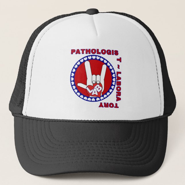 PATHOLOGIST SQUARE ASL LOVE LOGO TRUCKER HAT (Front)