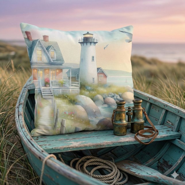 Pathway to the Lighthouse Coastal Cottage Cushion (Pathway to the Lighthouse Coastal Cottage Throw Pillow Mockup A)