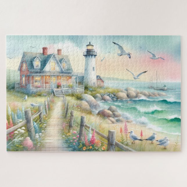 Pathway to the Lighthouse Coastal Cottage Jigsaw Puzzle (Horizontal)