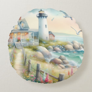 Pathway to the Lighthouse Coastal Cottage Round Cushion