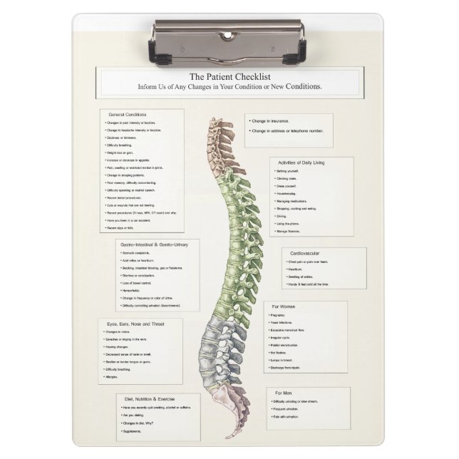 Patient Checklist Spinal Degeneration Chiropractic Clipboard (Front)