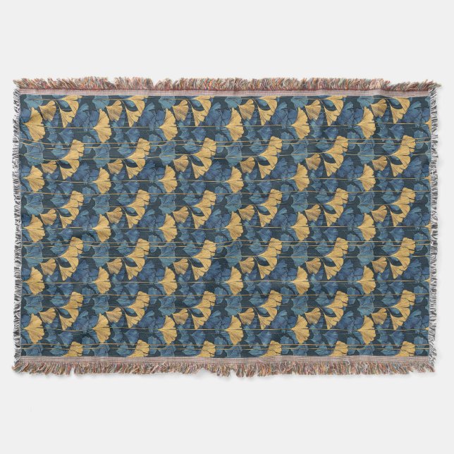 Patina Blue and Gold Ginkgo Leaf  Throw Blanket (Front)