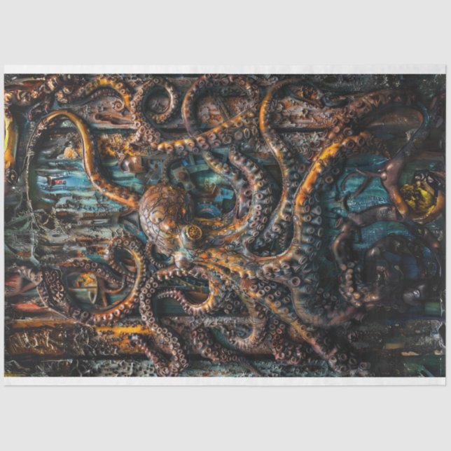 Patina Blue Rust Octopus Decoupage  Tissue Paper (Front)