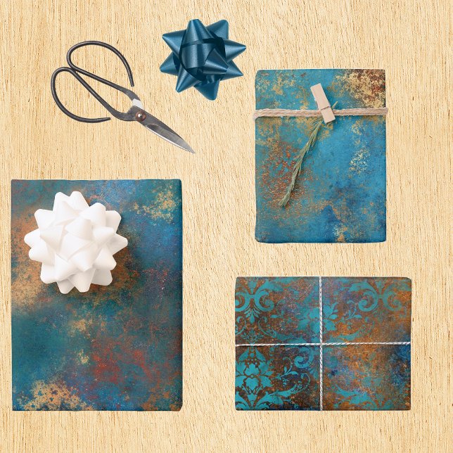 Patina Copper Turquoise Floral Distressed  Wrapping Paper Sheet (Creator Uploaded)