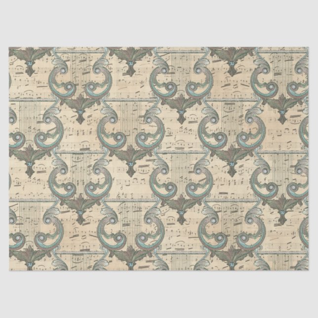 Patina Harps and Music Notes on Cream Decoupage Tissue Paper (Front)