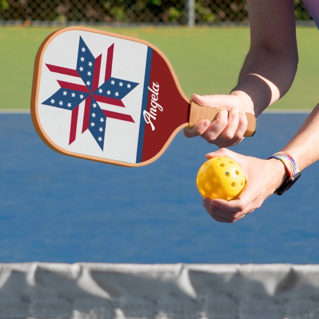 patiotic star with flag pattern red white blue  pickleball paddle (Insitu)