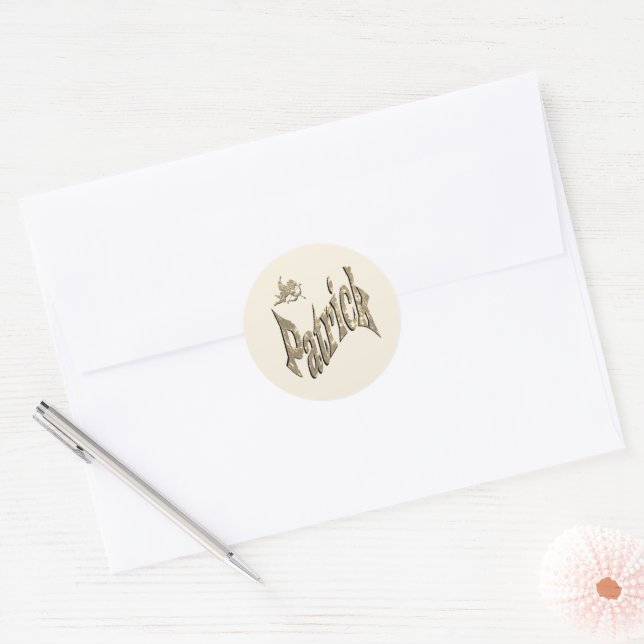 'Patrick' Boys Name With Cherub, Classic Round Sticker (Envelope)