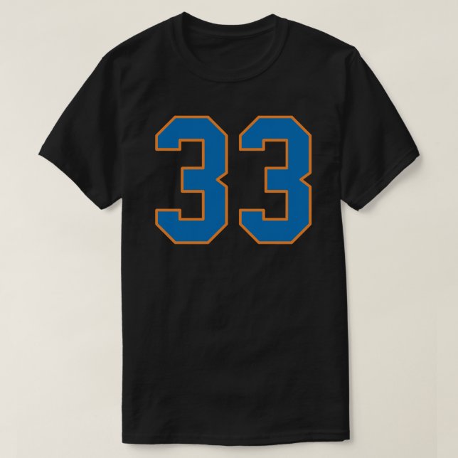 Patrick Ewing Knicks #33 Blue with Orange Outline T-Shirt (Design Front)