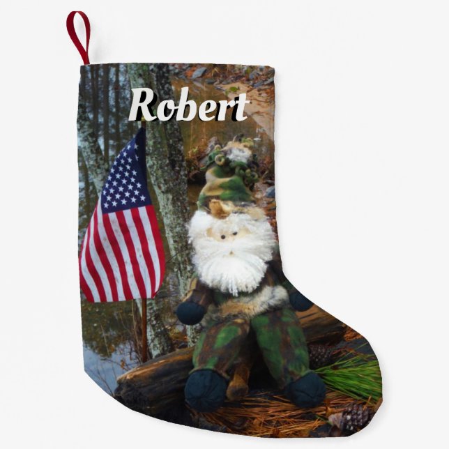 Patriot Camouflage Santa w American Flag Small Christmas Stocking (Front)