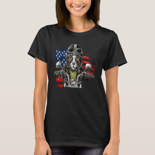 Patriot Fluffy Black Cat on Motorcycle with Flag o T-Shirt