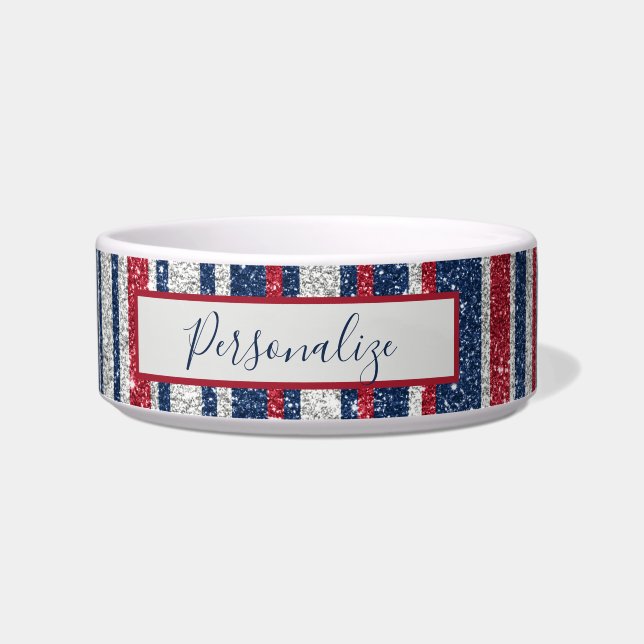 Patriot Red White Blue Glitter Glam Stripes Bowl (Front)