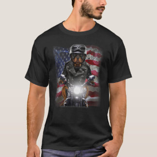 Patriot Rottweiler Dog on Motorcycle with Flag of  T-Shirt