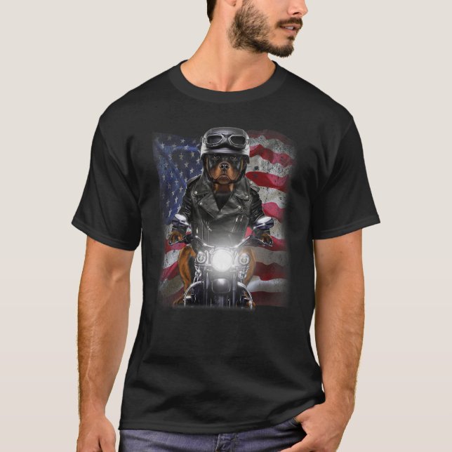 Patriot Rottweiler Dog on Motorcycle with Flag of  T-Shirt (Front)