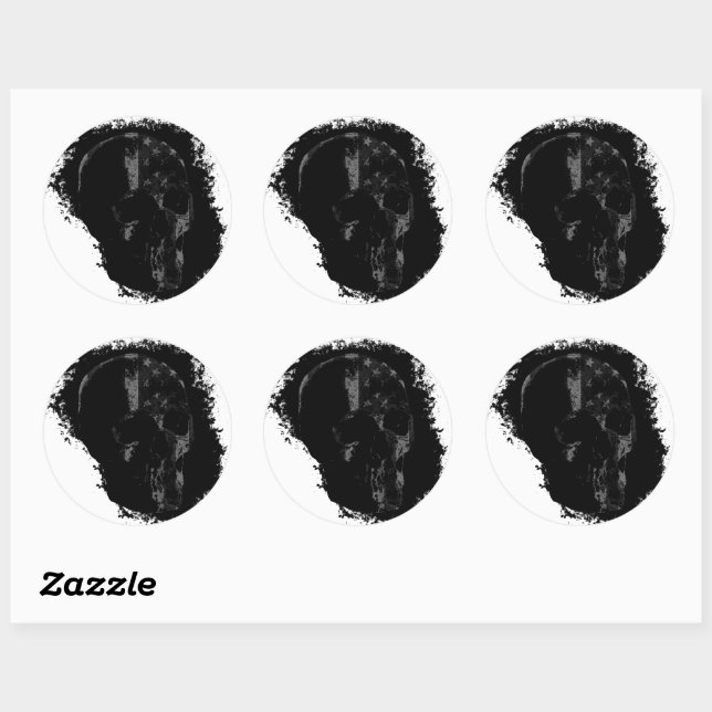 PATRIOT SKULL Black Grey Classic Round Sticker (Sheet)