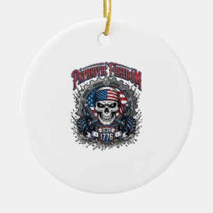 Patriotic 1776 Off Road Skull Monster Truck Ceramic Tree Decoration
