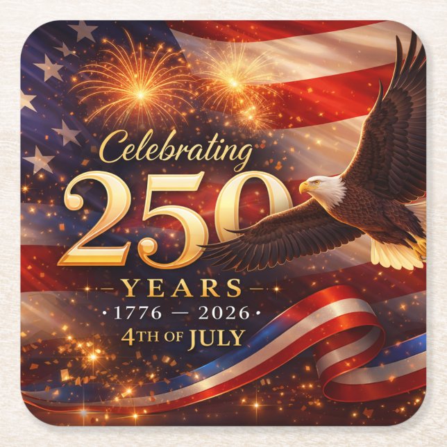 Patriotic 250th Anniversary Square Paper Coaster (Front)