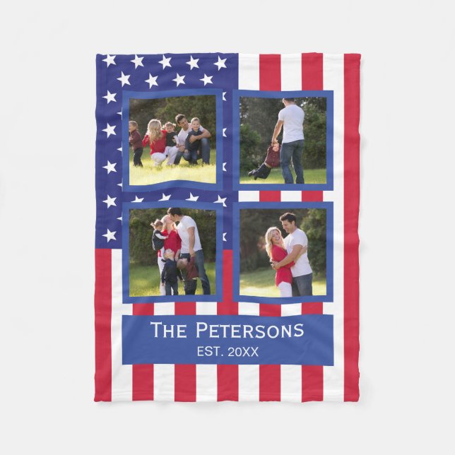 Patriotic 4 Photo Collage American Flag Monogram S Fleece Blanket (Front)