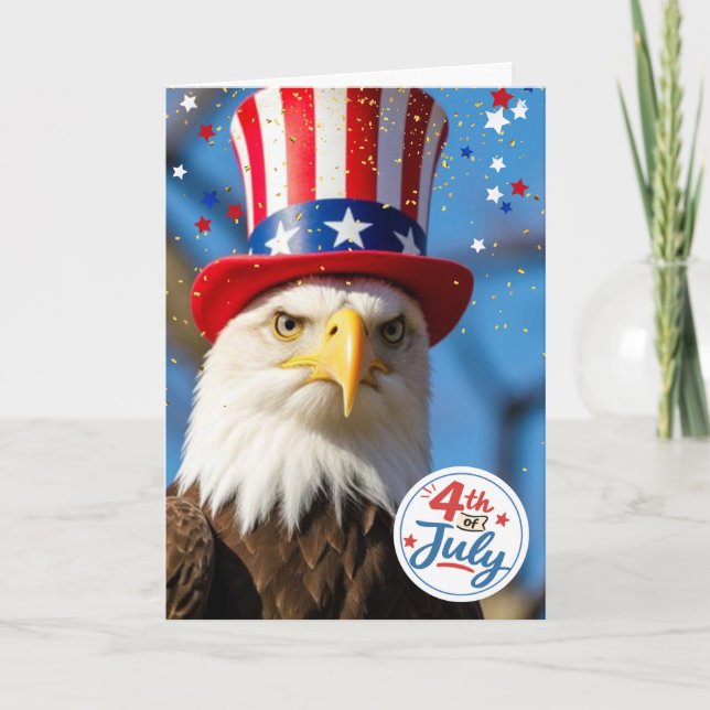 Patriotic 4th of July Bald Eagle Uncle Sam Hat Card (Front)