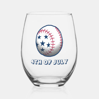 Patriotic 4th of July Baseball Stemless Wine Glass