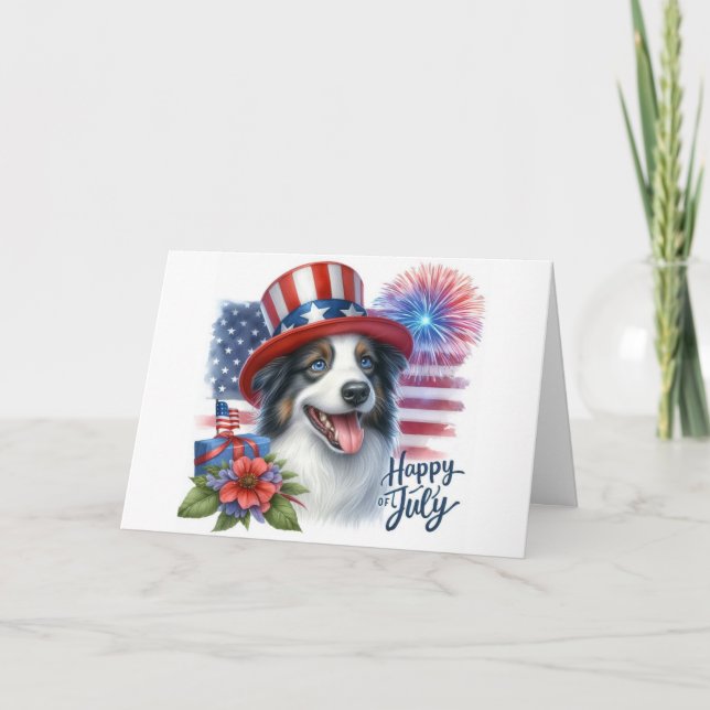 Patriotic 4th of July Border Collie  Holiday Card (Front)